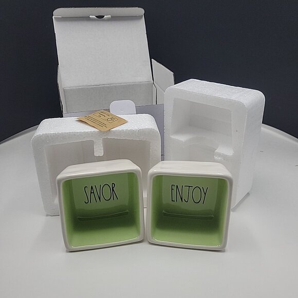 Rae Dunn Artisan Savor & Enjoy Square Bowl Set 3" x 3" x 3" Ceramic DW/Micro NEW - Picture 1 of 9